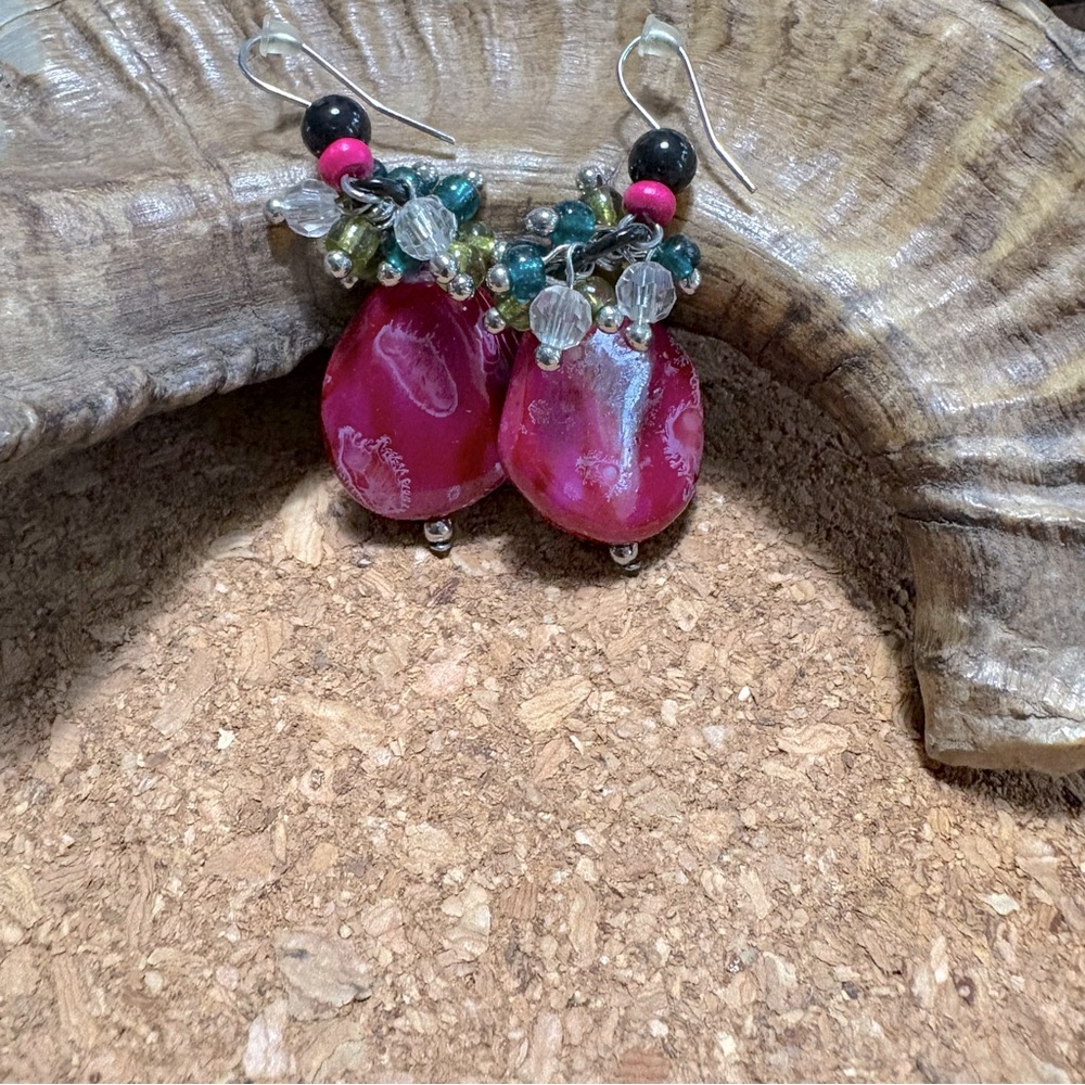Magenta Teardrop Teardrop and Beaded Earrings